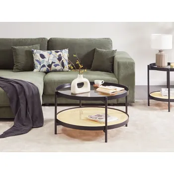 Konferenční stolek Konferenční stolek černé světlé dřevo skleněná deska kovový rám kulatý tvar vídeňské vazby moderní styl obývací pokoj Beliani