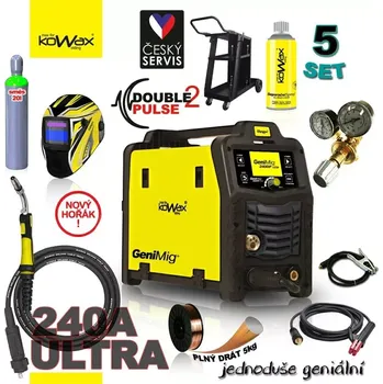 Svářečka KOWAX® GeniMig®240DP LCD Svařovací invertor MIG/MAG/LiftTIG/MMA SET 5 + SAMOSTMÍVACÍ KUKLA + LAHEV AR/CO2 20L + VENTIL + VOZÍK + DRÁT + SPREJ