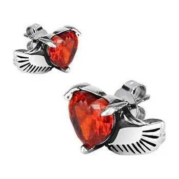 Náušnice Ocelové náušnice červená srdíčka s křídlem