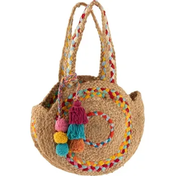 Kabelka Hnědá jutová kabelka s barevným prošitím Tass - Ø31*21 cm