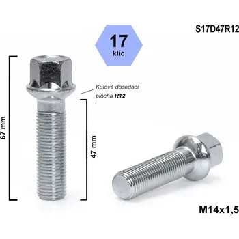 Šroubek na kolo Kolový šroub M14x1,5x47 koule R12, klíč 17, S17D47R12, výška 67