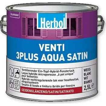 Lak na dřevo 2,5 l Herbol Venti 3Plus AQUA Satin - bílý polomatný email na okna (Bílý, vodou ředitelný, pololesklý, prodyšný email na okna Herbol)
