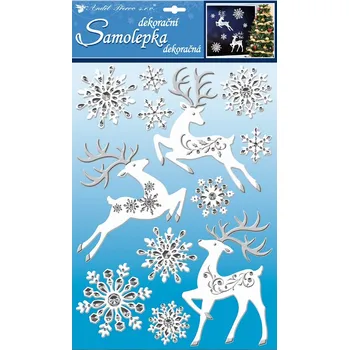 Vánoční dekorace Samolepky jelínci s vločkami bílí s kovovým efektem 41x29 cm