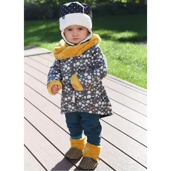 Kojenecká bunda hořčicovo-šedý softshellový kabátek s kapucí a šálou
