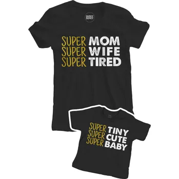 Tričko pro mámu a dítě SUPER MOM Barva: Černá, Velikost pro dítě: 53-60 (0-3 měsíců), Velikost pro mámu: XS