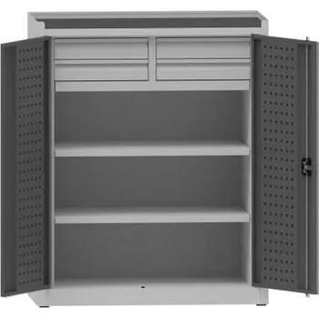 Dílenská skříň na nářadí, v x š x h: 1170x950x500 mm, perforované panely, 2 x police, 4 x zásuvka, barva šedá RAL7035 / antracit RAL7016