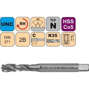 Závitořezný nástroj NÁSTROJE CZ Strojní závitník /CZZ2054/ pro americký unifikovaný hrubý závit se šroubovitou drážkou CZZ Závit: UNC 6-32-2B
