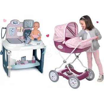 Dětská kuchyňka Set zdravotnický pult pro lékaře Baby Care Center Smoby s hlubokým kočárkem Violetta