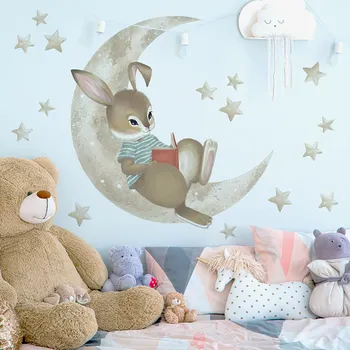 Samolepící dekorace DEKORACJAN Nálepka na stěnu - Králičí chlapeček na měsíčku