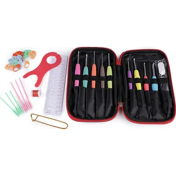 Sada háčků se silikonovou rukojetí a pomůcek na háčkování v pouzdře, barva černá