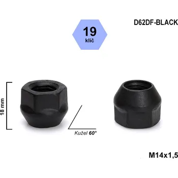 Matice na kolo Kolová matice M14x1,5 kužel otevřená, černá, klíč 19, D62DF-BLACK, výška 18 mm
