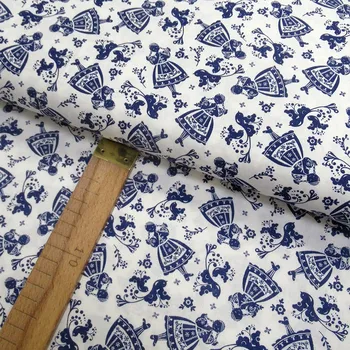 Bavlněné plátno - Ptáčci a panenky modré na bílé - šíře 150cm