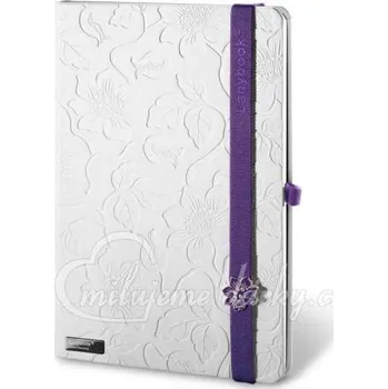 Zápisník Lanybook PASSION luxusní bílý zápisník s ražbou květin a fialovou gumičkou
