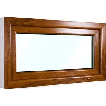 Okno Plastové okno 105x55 cm (1050x550 mm) | Sklepní okno | Okno do garáže | Bílé zevnitř | Zlatý dub zvenku | Sklopné | Ventilačka | 6 komor | 80 mm