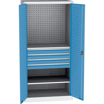 Dílenská skříň na nářadí, v x š x h: 1950 x 950 x 600 mm, perforované panely, 2 x police, 4 x zásuvka, barva šedá RAL7035 / modrá RAL5012