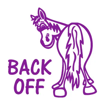 Polep vozidla SAMOLEPKA Back off levá koník (14 - fialová) NA AUTO, NÁLEPKA, FÓLIE, POLEP, TUNING, VLASTNÍ TEXT, TISK, AUTOSAMOLEPKY.cz, POLEPY, OBRÁZEK, LOGO, SAMOLEPKY