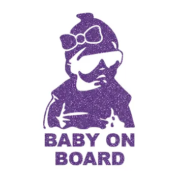 Samolepicí dekorace na vozidlo Baby on board 001 pravá s textem miminko s brýlemi a s mašlí (87 - Ultra Metalic fialová) SAMOLEPKA NA AUTO, NÁLEPKA, FÓLIE, POLEP, TUNING, VLASTNÍ TEXT, TISK, AUTOSAMOLEPKY.cz, POLEPY, OBRÁZEK, LOGO, 3D STICKERS
