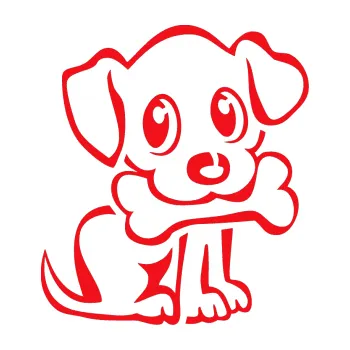 Polep vozidla SAMOLEPKA Pes 076 pravá štěnátko s kostičkou (10 - červená) NA AUTO, NÁLEPKA, FÓLIE, POLEP, TUNING, VLASTNÍ TEXT, TISK, AUTOSAMOLEPKY.cz, POLEPY, OBRÁZEK, LOGO, SAMOLEPKY