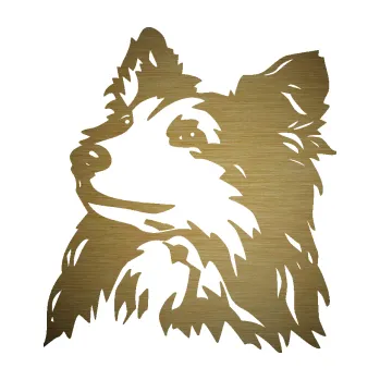 Polep vozidla SAMOLEPKA Pes 141 levá šeltie (64 - škrábaný kov zlatý) NA AUTO, NÁLEPKA, FÓLIE, POLEP, TUNING, VLASTNÍ TEXT, TISK, AUTOSAMOLEPKY.cz, POLEPY, OBRÁZEK, LOGO, SAMOLEPKY