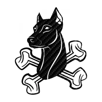 Polep vozidla SAMOLEPKA Pes 114 levá dobrman se zkříženými kostmi (50 - 3D karbon černý) NA AUTO, NÁLEPKA, FÓLIE, POLEP, TUNING, VLASTNÍ TEXT, TISK, AUTOSAMOLEPKY.cz, POLEPY, OBRÁZEK, LOGO, SAMOLEPKY