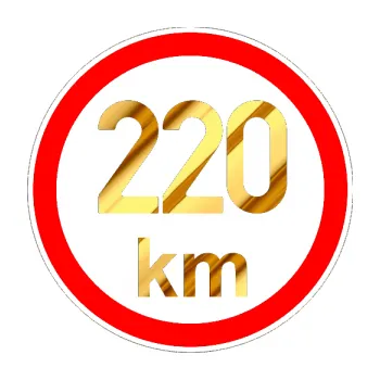 samolepka Maximální rychlost 220km - nejvyšší konstrukční rychlost (81 - chrom fólie zlatá zrcadlová) SAMOLEPKA NA AUTO, NÁLEPKA, FÓLIE, POLEP, TUNING, VLASTNÍ TEXT, TISK, AUTOSAMOLEPKY.cz, POLEPY, OBRÁZEK, LOGO, 3D STICKERS