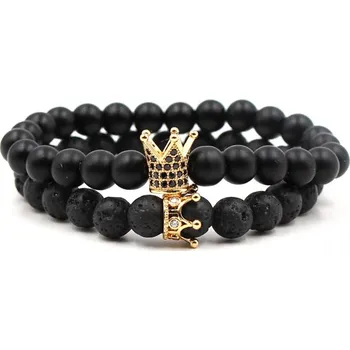 Náramek Náramky pro páry KING and QUEEN CROWN z onyxu a lávových kamenů MN3004