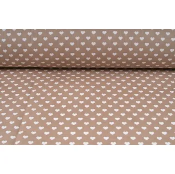 Plátno bavlněné, béžové + bílá srdíčka , metráž, látky