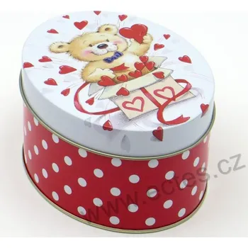 Dóza na potraviny BRUNO červenobílá plechová dóza ovál 7254 medvěd se srdíčky a tečky