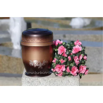 Smuteční dekorace Urna hliníková kaštanové barvy s růží (Pohřební urna)