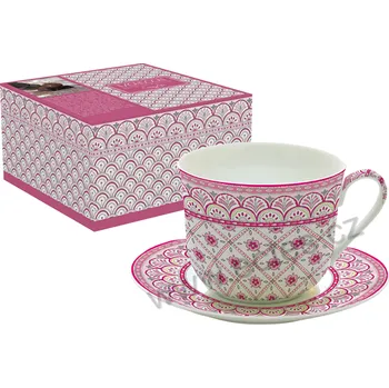 Easy Life MONSOON PINK velký porcelánový jumbo šálek a podšálek růžové květy a ornamenty 400ml