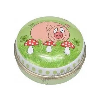 Dóza na potraviny GOOD LUCK plechová dóza lékovka 7909 kreslené prasátko a muchomůrky na trávě s čtyřlístky a beruškou