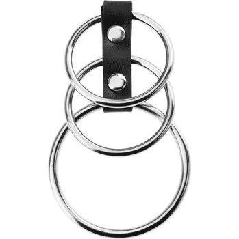 Návlek na penis TŘI KOVOVÉ EREKČNÍ KROUŽKY TROJITÝ RING NA PENIS S KOŽENÝM PÁSKEM - 7