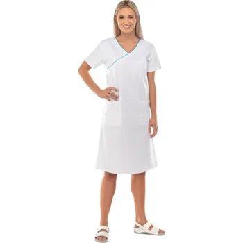 Zdravotnický plášť IREA Sesterské šaty IRENA Obvod hrudi: 50 | 106-110 cm, Barva: Bílá s tyrkysovým doplňkem | na zakázku
