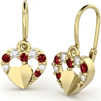 Náušnice Dětské náušnice ze žlutého zlata - srdíčka s červenými a čirými zirkony a srdíčkem