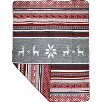 Přehoz na lůžko Šedo červeno bílá deka s jelenem - 130*180*3cm