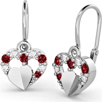 Náušnice Dětské náušnice z bílého zlata - srdíčka s červenými a čirými zirkony a srdíčkem