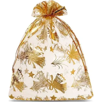 Dárková taška Dárkový sáček z organzy zlaté vánoční zvony 22 x 30 cm