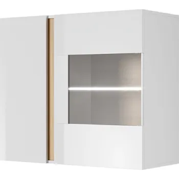 Komoda Závěsná vitrína 96, bílá / dub grandson / bílý lesk, CITY