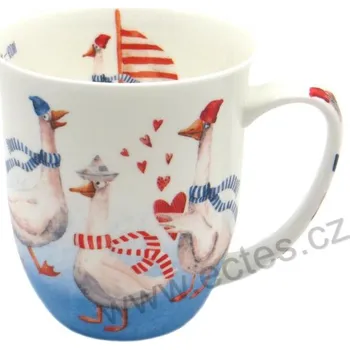 GOOSE FAMILY velký porcelánový mega hrnek husy s loďkou na moři