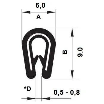 Těsnění do okna a dveří PROFIL PIRELI U 17.0287 (D.* (mm): 0,5-0,8, Hmotnost (kg): 0,095, Balení [MJ]: 50, Kóta B: 9, Kóta A: 6, Barva: černá, Materiál: PVC)
