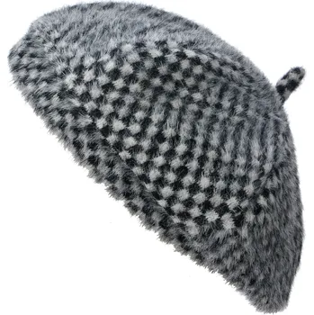 Čepice Černo bílý kostkovaný chlupatý dětský baret