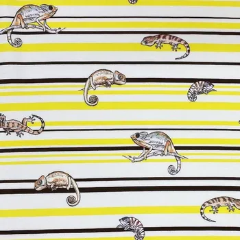 Teplákovina nepočesaná bílá, žluto-hnědé pruhy, chameleoni, š.150