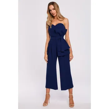 Dámský kostýmek Společenský overal s mašlí MOE M571 modrý EU velikost: M