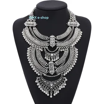 Náhrdelník Tribal Boho mohutný náhrdelník v retro stylu extra dlouhý - Stříbrná