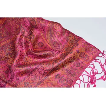 Šála Hedvábná šála Jamawar velká - Růžová a oranžová s ornamenty 2