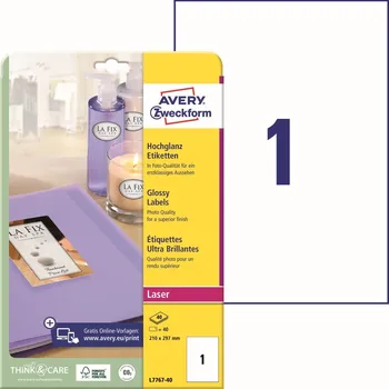 Samolepící etiketa Avery Zweckform L7767-40 Lesklé etikety A4 210x297 mm, 40 ks, bílé + online software pro tisk etiket + tisková šablona ke stažení zdarma