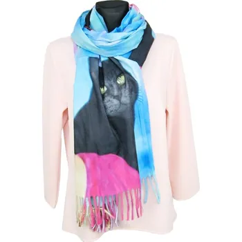 Šála Kašmírová dámská šála "2v1" Frida s kočkou (Dámská šála oboustranná - žena + květy)