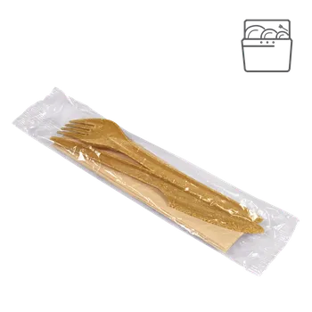 Příbor EcoPack Příborový set EKO kompozit dřevo/plast (WPC) vidlička + nůž + ubrousek kr1/350 ks Balení: 250