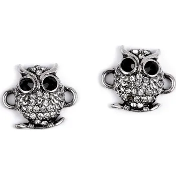 Přívěsek Ozdobný díl / přívěsek sova s broušenými kamínky 17x19 mm, barva platina