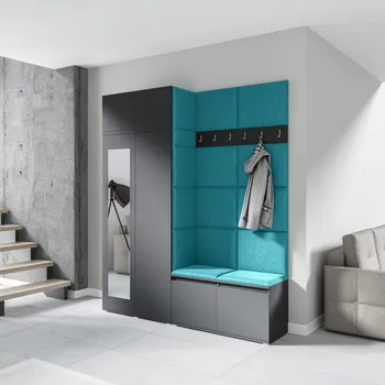 Předsíňová stěna Eka Předsíňová stěna s čalouněnými panely Trinity 19 - Grafit / Azurová 2313